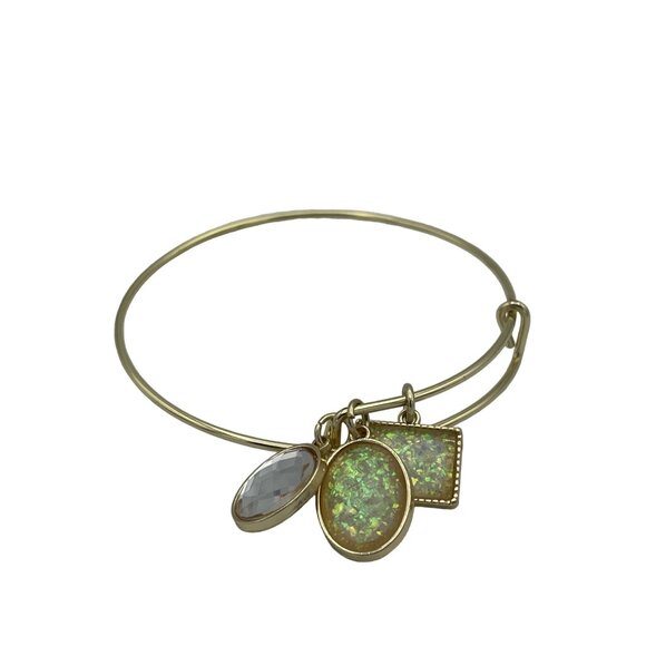 Goldtone Adjustable Bracelet With Charm Trio Oval Opal Faceted Crystal - Picture 2 of 4